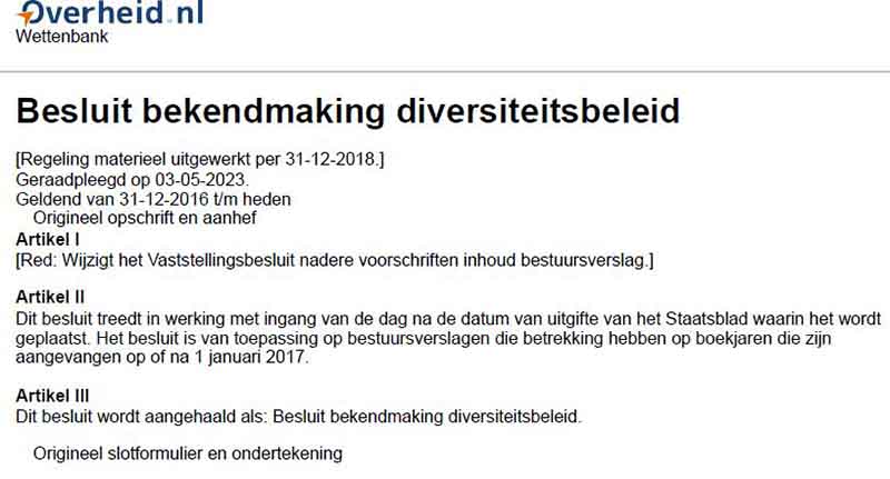 Reference Document 9: Regeling - Besluit bekendmaking diversiteitsbeleid - BWBR0038951